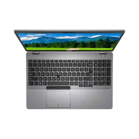 A silver Dell Latitude 5511 i7-10850H laptop with 32GB RAM and 512GB SSD is viewed from above, displaying a mountain landscape on its screen. The certified refurbished Dell’s keyboard and touchpad highlight its sleek design.