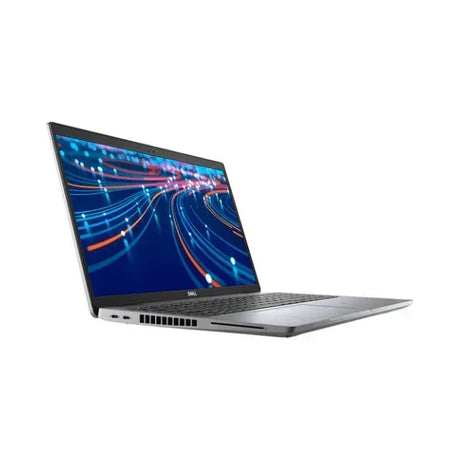 A silver Dell Latitude 5520 i7 laptop, shown from the side on a white surface, displays digital red, blue, and white light trails on its 15.6" screen.