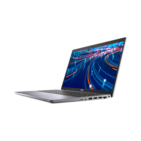 A silver Dell Latitude 5520 laptop with an Intel i7 processor, 32GB RAM, and 512GB SSD is displayed at an angle on a white background, showcasing multiple ports and a vibrant abstract screen pattern.