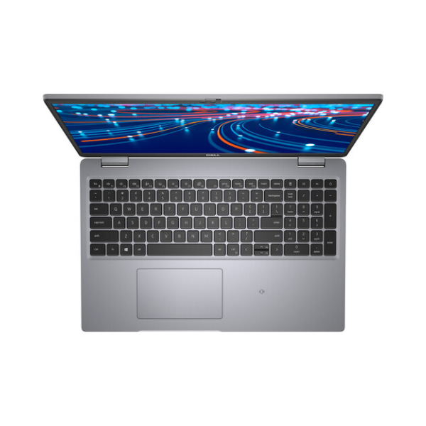 A silver Dell Latitude 5520 laptop seen from above, showing a black keyboard and touchpad, with the screen displaying blue and red glowing lines. Features an Intel Core i7-1165G7 processor, 32GB RAM, 512GB SSD, and Windows 11 Pro.