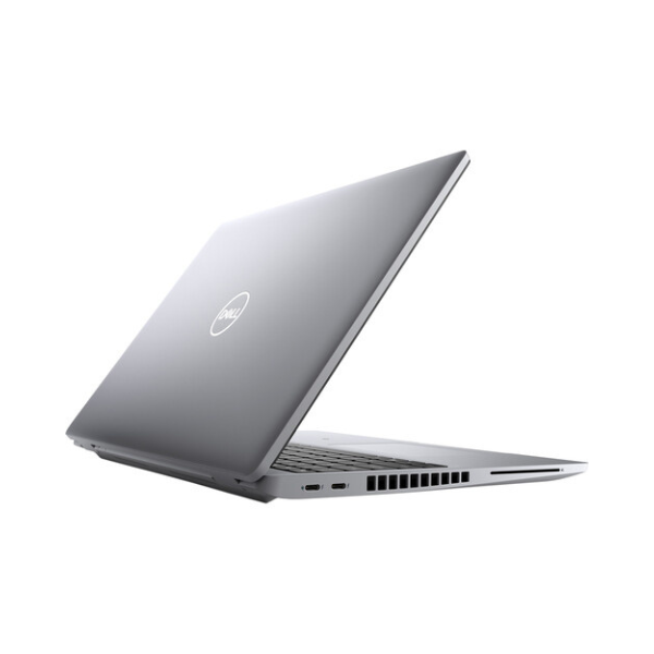 A silver Dell Latitude 5520 laptop, partially open and viewed from the back left, displays the Dell logo and edge ports. It features an Intel Core i7-1165G7 processor, 32GB RAM, 512GB SSD, a 15.6" screen, and runs Windows 11 Pro.