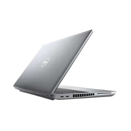 A silver refurbished Dell Latitude 5521 business laptop, shown partially open from the back left with visible Dell logo and side ports, features an i7-11850H processor, 32GB RAM, 2TB SSD, 15.6" display, and runs Windows 11 Pro. White background.