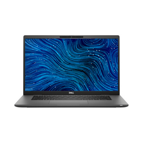 A gray Dell Latitude 7520 i7-1165G7 2.8GHz 16GB 256GB 15.6" Touch business laptop is shown from the front with a blue abstract wavy pattern on the screen, set against a white background.