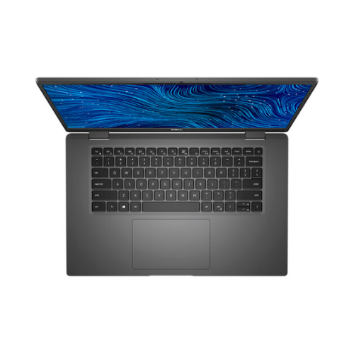 A top view of an open Dell Latitude 7520 i7-1165G7 laptop with a black keyboard and large touchpad, displaying a blue abstract pattern on its 15.6" touchscreen. The device is centered on a white background.