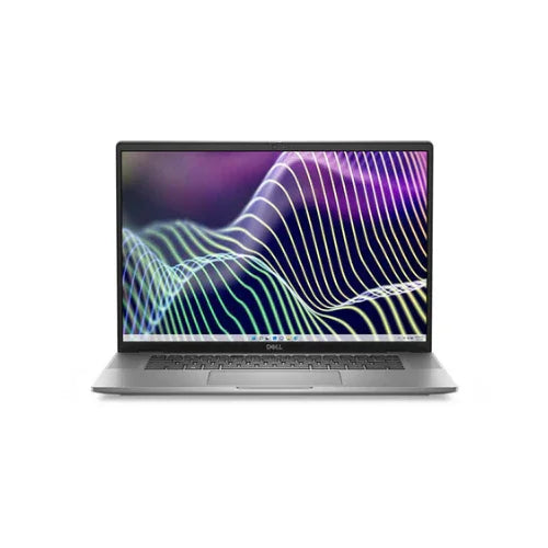 A silver Dell Latitude 7640 i7-1370P 16" FHD+ business laptop is open, facing forward, with a colorful abstract wavy line pattern on its screen against a white background.