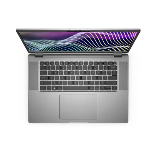 A silver Dell Latitude 7640, featuring an Intel Core i7-1370P, 32GB RAM, and 1TB SSD, is shown partially open with a vibrant pattern on its 16" FHD+ screen—an ideal certified refurbished business laptop.