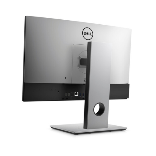 A rear view of the Dell Refurbished OptiPlex 7490 AIO shows ports, a silver stand with circular cable management, and the Dell logo—ideal for running Windows 11 Home on its 23 display.