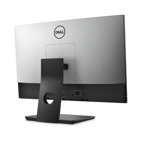 The Dell Optiplex 7400 AIO features a sleek silver and black design, Dell logo on top, a stand with circular cutout, ports along the bottom edge, and is powered by an Intel i5-12500 12th Gen processor.