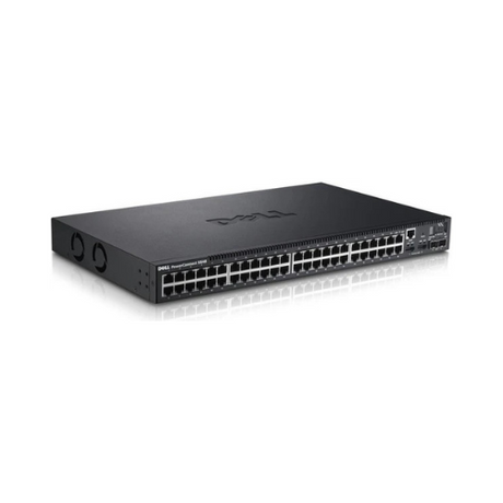 A refurbished Dell PowerConnect 5548P 48-Port PoE+ GbE Switch with 2x 10Gb SFP+ is displayed at an angle on a white background.