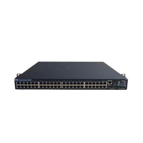 A refurbished Dell PowerConnect 5548P 48-Port PoE+ GbE Switch with 2x 10Gb SFP+ uplink ports is shown on a white background; Ethernet and uplink ports are visible on the front panel.