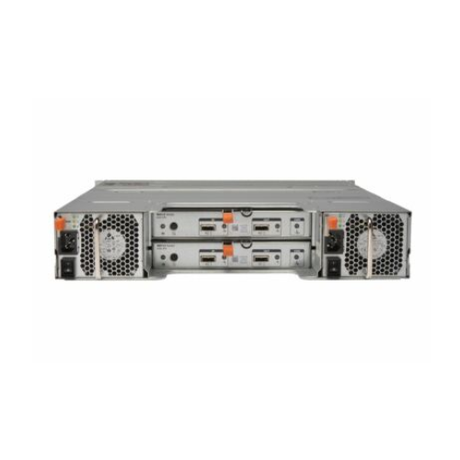Rear view of Dell PowerVault MD1220 24-Bay 2U 6Gbps SAS Enclosure shows dual EMM, two 600W power supplies with cooling fans, network and USB ports, ventilation grilles; silver chassis with orange accents.