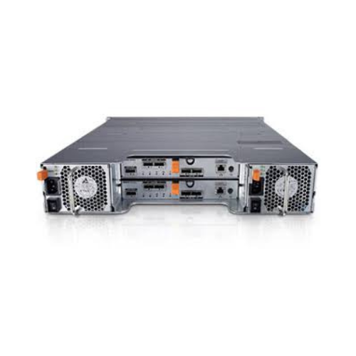 A rear view of the Dell PowerVault MD3220 2U 6Gbps SAS RAID Array shows dual controllers, two power supplies, cooling fans, and multiple ports—all enclosed in a silver metallic Dell casing.