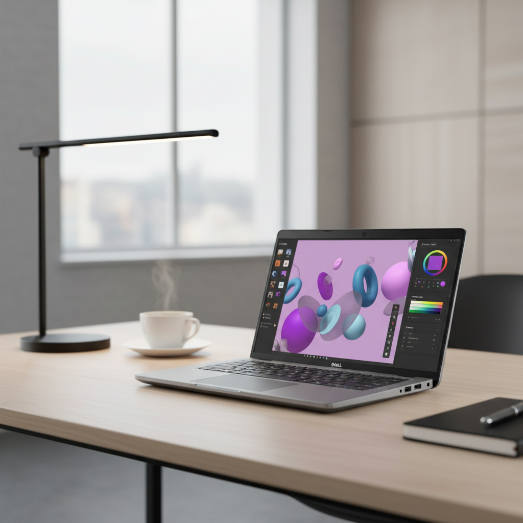 A bright office features a modern workspace with a Dell Precision 3480 i7 1360P laptop (16GB, 512GB, NVIDIA RTX A500, 14