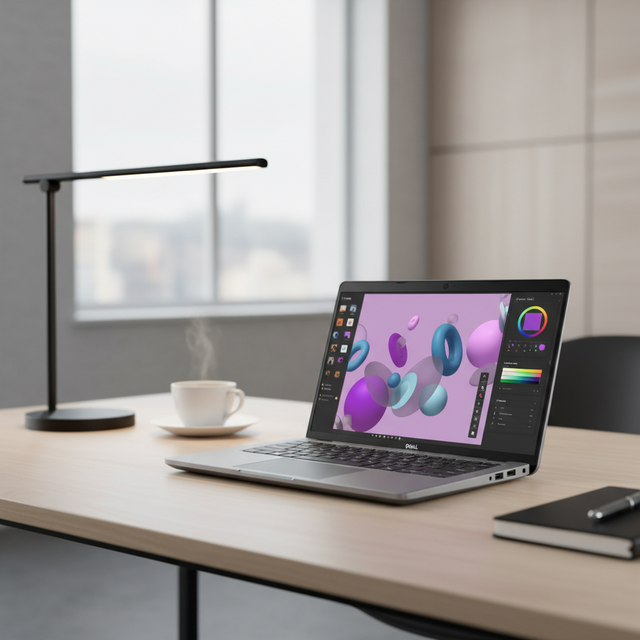 A bright office features a modern workspace with a Dell Precision 3480 i7 1360P laptop (16GB, 512GB, NVIDIA RTX A500, 14", Windows 11 Pro), plus a notebook, pen, coffee cup, and sleek lamp on a light wood desk.