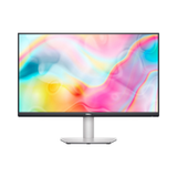The Dell S2722DC IPS 27" QHD monitor features a sleek silver stand, thin bezels, and displays a vibrant abstract wavy background in pink, blue, yellow, and white. Includes USB-C, DP, HDMI ports.