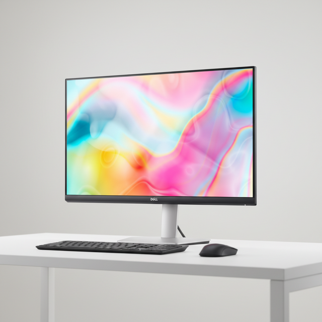 The Dell S2722DC IPS 27" QHD monitor with thin bezels and a sleek silver base displays a vibrant pastel abstract wallpaper in pink, yellow, blue, and green.