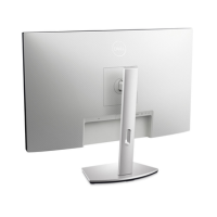 A rear view of the Dell S2722DC IPS 27" QHD monitor on a rectangular stand, with the Dell logo centered on the back panel; features include 2560x1440 resolution, USB-C, DP, and HDMI ports.