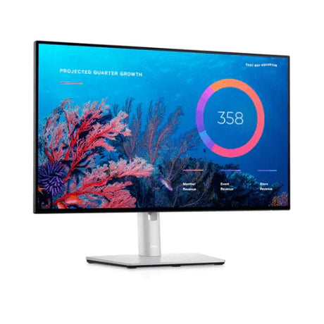 A vibrant data visualization of coral reefs with a circular chart showing "358" and "Projected Quarter Growth" is displayed on a refurbished Dell UltraSharp U2422H IPS 24" 1920x1080 monitor.