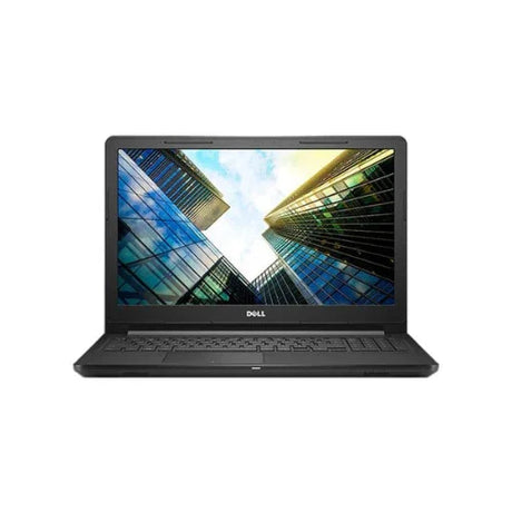 A black Certified Refurbished Dell Vostro 3578 i7 8550U 1.8GHz 8GB RAM, 256GB SSD, DW, 15.6 W11P laptop by Dell is shown on a white background, with its screen displaying tall glass buildings against a blue sky.