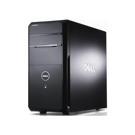 A refurbished black Dell Vostro 460 Tower desktop with Intel Core i7-2600 3.4GHz, 4GB RAM, and 1TB HDD, featuring two front drive bays and Dell logos on front/side, shown against a white background. No OS included.