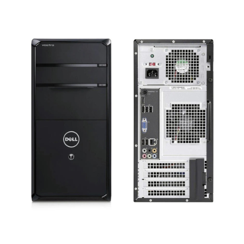Front and back view of a refurbished Dell Vostro 460 Tower featuring Intel Core i7-2600 3.4GHz, 4GB RAM, 1TB HDD, Dell logo, drive bays up front, and ports plus expansion slots on the back. No OS installed.