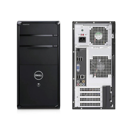 Front and back view of a refurbished Dell Vostro 460 Tower featuring Intel Core i7-2600 3.4GHz, 4GB RAM, 1TB HDD, Dell logo, drive bays up front, and ports plus expansion slots on the back. No OS installed.