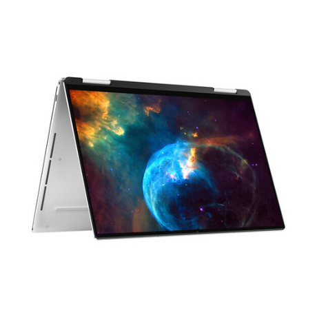 A refurbished Dell XPS 13 7390 2-in-1 i7 laptop in tent mode shows a vivid space wallpaper with a blue planet and colorful nebulae on its 13.4 touch display.