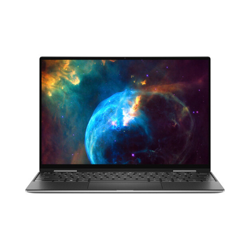 The Dell XPS 13 7390 2-in-1 i7 laptop, with a slim black design and near-borderless 13.4 touchscreen, is open facing forward and displays a vibrant planet and nebula image on a white background.