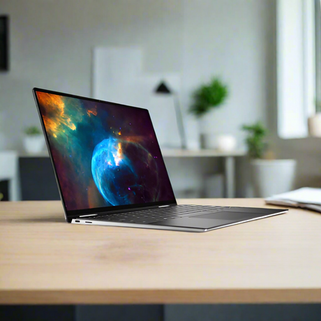 A Dell XPS 13 7390 2-in-1 convertible laptop (i7 1065G7, 16GB RAM, 512GB SSD, 13.4 Touch) sits open on a wooden desk in a modern home office, displaying a vivid space-themed wallpaper amid soft lighting and blurred decor.