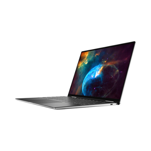 A slim silver Dell XPS 13 7390 2-in-1 i7 laptop with a 13.4 touch display shows a vibrant space-themed wallpaper, partially open and viewed from the side on a white background.