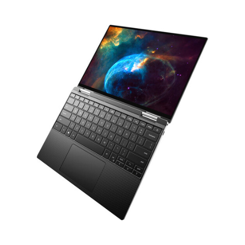 The Dell XPS 13 7390 2-in-1 (i7-1065G7, 16GB RAM, 512GB SSD, 13.4 Touch) is open on a white background, showing a vivid colorful planet and stars on its display with the keyboard and touchpad visible.