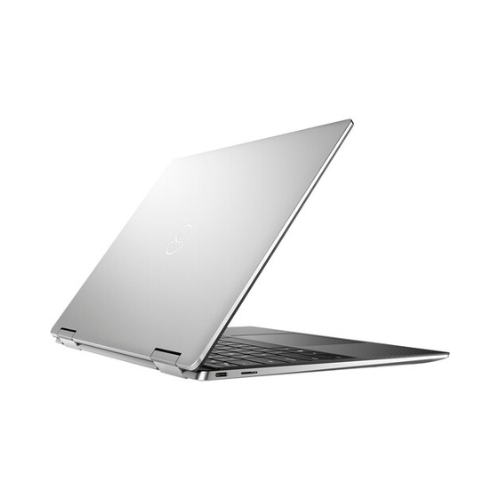 A silver Dell XPS 13 7390 2-in-1 i7 laptop, partially open to reveal the keyboard and side ports, is shown from the back left angle. The Dell logo is visible on the lid against a plain white background.