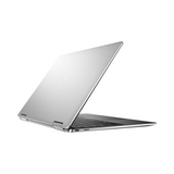 A silver Dell XPS 13 7390 2-in-1 i7 laptop, partially open to reveal the keyboard and side ports, is shown from the back left angle. The Dell logo is visible on the lid against a plain white background.