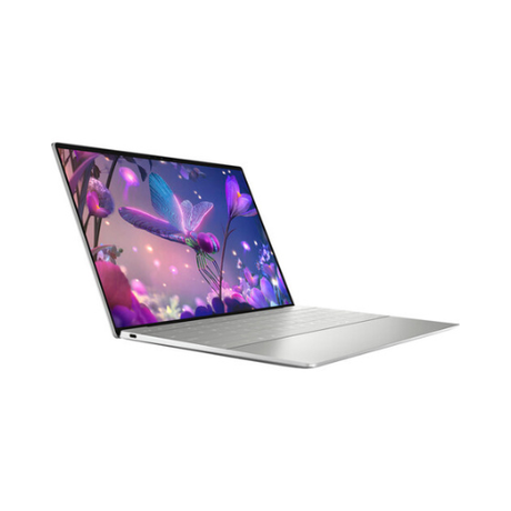 A certified refurbished Dell XPS 13 Plus 9320 (i7 1260P, 16GB, 512GB SSD) is open from a side angle on a white background, showing its sleek design and vibrant 13.3" touchscreen with a colorful butterfly and flowers display.