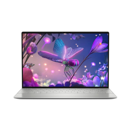 A silver Dell XPS 13 Plus 9320 with a 13.3" OLED touchscreen displays a vibrant digital illustration of a butterfly and flowers in rich purple and blue tones.