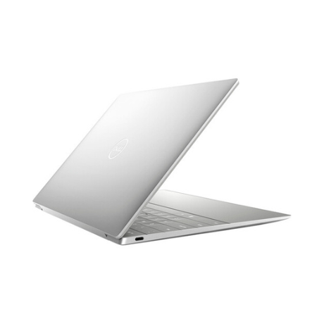 A silver Dell XPS 13 Plus 9320 with an i7 1260P processor, 16GB RAM, and 512GB SSD is partially open and viewed from the back left, highlighting its slim, minimalist design against a plain white background.