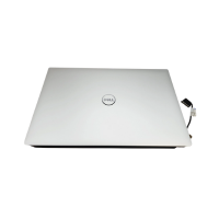 A closed silver Dell XPS 15 7590 15.6" FHD LCD Display Assembly Complete Non-Touch (03FKRX) laptop is shown from above with the Dell logo centered. A cable is attached to the right side against a plain white background.