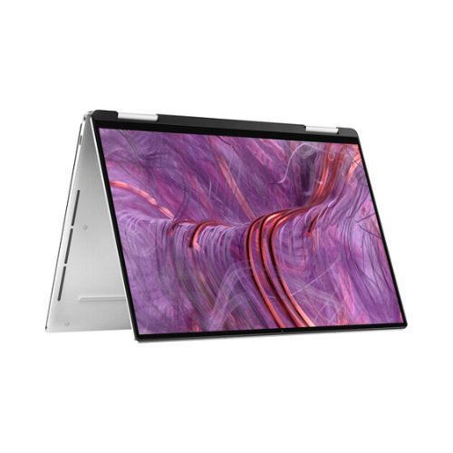A Dell Refurbished XPS 9310 2-in-1 with i7 1165G7, 16GB RAM, and 13.4 touch display is shown in tent mode. The screen displays an abstract purple-pink swirl, highlighting visible side ports and its sleek modern design.