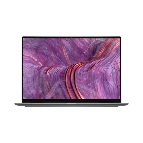 A Dell Refurbished XPS 9310 2-in-1 (i7-1165G7, 16GB, 512GB, 13.4 Touch, W11P) is shown from the front with a thin black bezel and a vivid abstract swirl on screen against a white background.