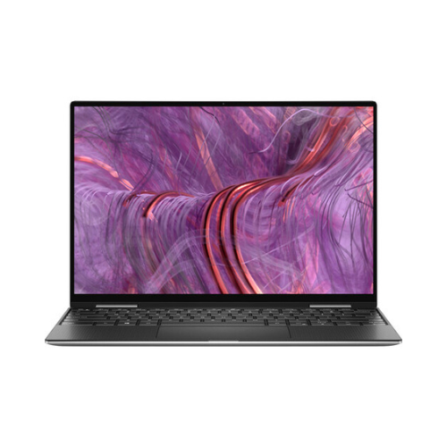 A slim Dell Refurbished XPS 9310 2-in-1 with a 13.4 touch display and full keyboard is shown front-on, its screen featuring abstract purple and pink swirls—an ideal refurbished laptop for any workspace.