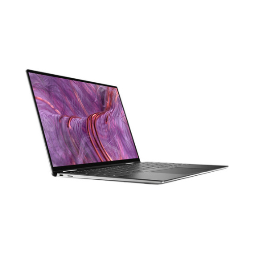 A sleek Dell Refurbished XPS 9310 2-in-1 laptop (i7, 16GB RAM, 512GB SSD, 13.4 Touch) is open and angled right, showing a vibrant purple-red swirl on screen with its keyboard and touchpad visible.