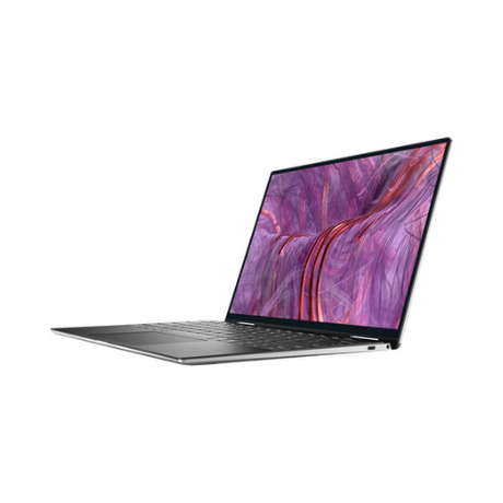A slim, silver Dell Refurbished XPS 9310 2-in-1 with a 13.4 touch display is open, showing vivid abstract purple and pink artwork on a white background. Specs: i7-1165G7, 16GB RAM, 512GB SSD, Windows 11 Pro.