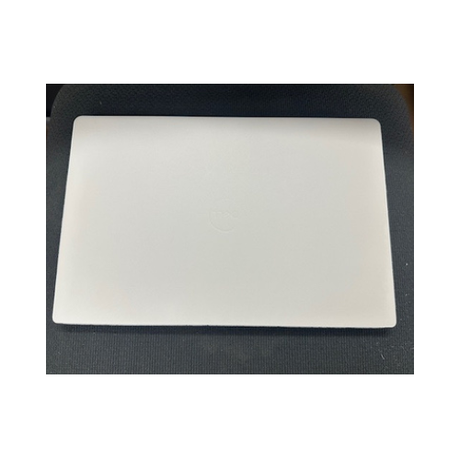 A closed, silver Dell Latitude 5430 Laptop 14" Core i5 16GB 256GB Touch Win 11 Pro + Skin by Dell rests on a dark fabric surface, shot from above.