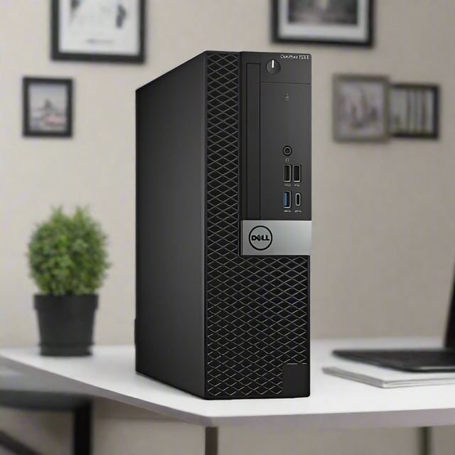 A Dell OptiPlex 7050 SFF (i5-6500, 8GB RAM, 256GB SSD, W10P) sits on a white desk in an office with a potted plant and framed pictures against a beige wall.