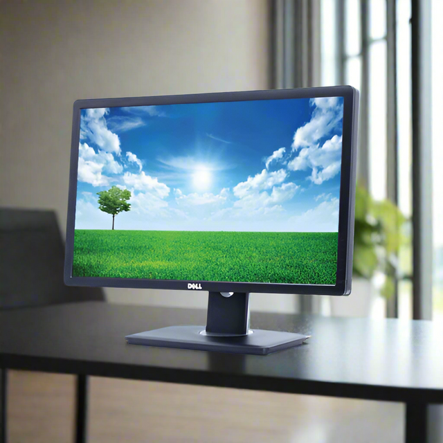 A Dell Professional P2312H 23 1920x1080 monitor rests on a dark desk, showing a vivid sunny sky with clouds, a single tree, and green grass. Large windows and part of a curtain appear blurred in the background. No stand included.