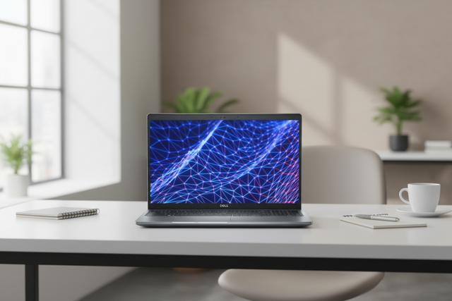 A silver Dell Latitude 5530 (i5 1245U, 8GB, 256GB SSD, 15.6" HD, W11P) certified refurbished laptop shows a blue and purple network of connected lines and dots on a dark screen.