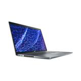 A certified refurbished Dell Latitude 5530 (15.6" HD, Intel i5-1245U, 8GB RAM, 256GB SSD, W11P) is open at an angle with a blue and purple abstract network pattern on its screen against a white background.
