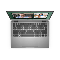 A silver Dell Latitude 7350 Ultra 5 (13.3") business laptop is shown from above, displaying its keyboard, touchpad, and a video call on screen—highlighting strong AI performance and powered by an Ultra 5 135U CPU with 16GB RAM, 512GB SSD, and Windows 11 Pro.