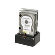A DigiTech XC4695 Dual Bay SATA HDD SSD Docking Station with a hard disk drive inserted, showing labels and connectors, is displayed against a white background.