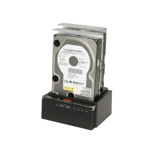 A DigiTech XC4695 Dual Bay SATA HDD SSD Docking Station with a hard disk drive inserted, showing labels and connectors, is displayed against a white background.